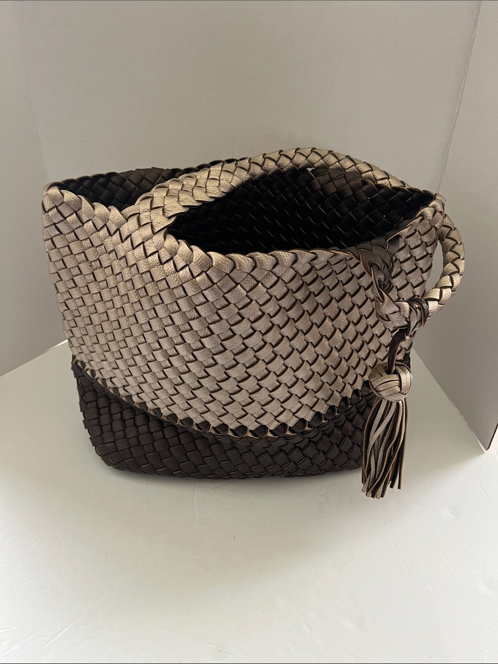 Woven Two-Tone Brown & Taupe Shoulder Bag with Tassel